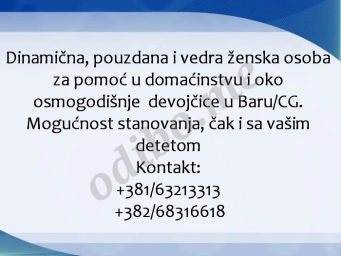 Pouzdana zena za pomoc porodici u Baru/CG